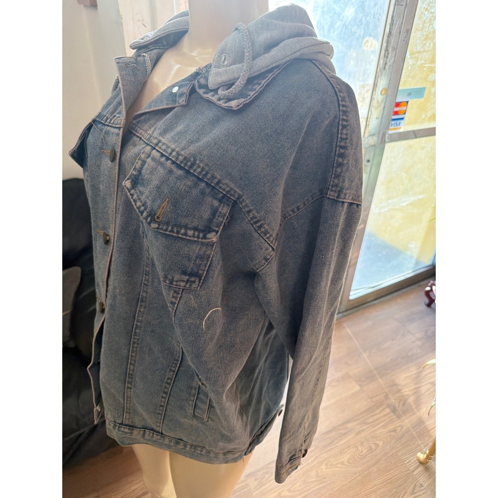 Amy Denim Jacket with Grey Hood Medium Wash Button Up Layered Look Streetwear - Picture 3 of 8